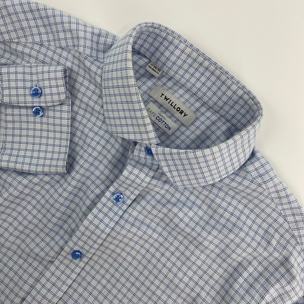Twillory Dress Shirt Mens 17 34/35 Blue White Grid Tailored Non-Iron Stretch